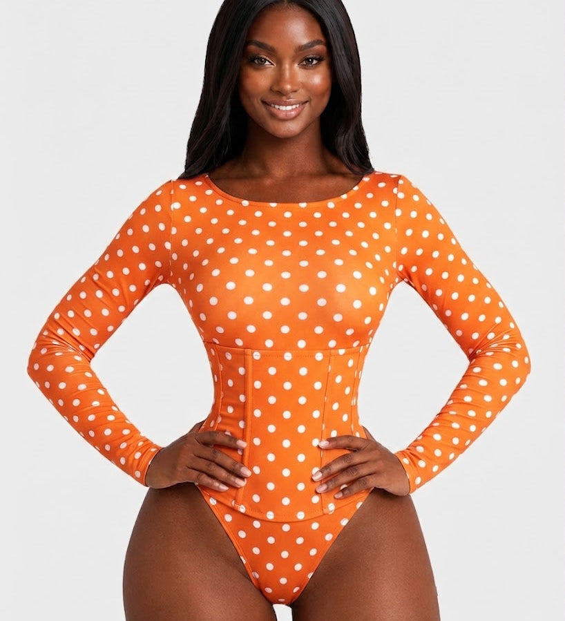 Polka Dot Scoop Neck Long Sleeve Bodysuit Detachable Corset Two Piece Set
