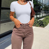 Women Sexy Ribbed Round Neck Short Sleeve Tummy Control Thong Bodysuit