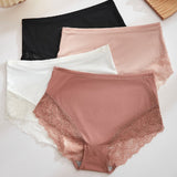 Women's Sexy Semi Sheer Mid-Waist Lace Stitching Breathable Briefs