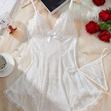 Lace Bowknot Sleeping Dress Thong Set Spaghetti Strap V Neck Lingerie