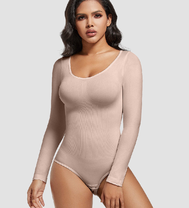 Seamless Crew Neck Long Sleeve Corset Bodysuit Tops Stretch Triangle Jumpsuit