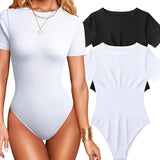 Women Sexy Ribbed Round Neck Short Sleeve Tummy Control Thong Bodysuit