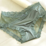 Women's mesh splicing lace edge heart pattern mid-high waist panties