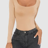 Women's Seamless Square Neck Long Sleeve Bodysuits Sculpting Thong Bottoming Shirt Body Shaper