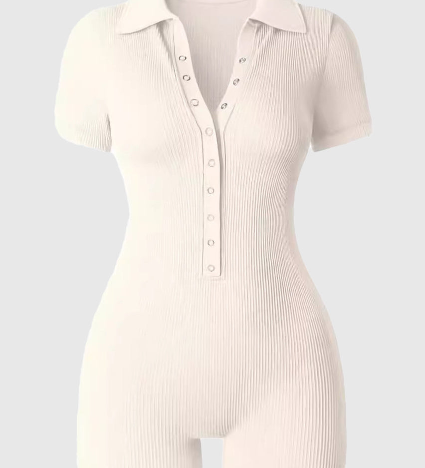 Ribbed Polo Collar Half Snap Front Short Sleeve Bodycon Romper