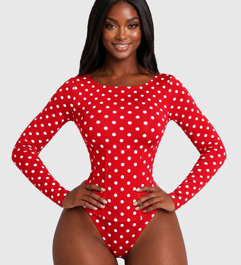 Polka Dot Scoop Neck Long Sleeve Bodysuit Detachable Corset Two Piece Set