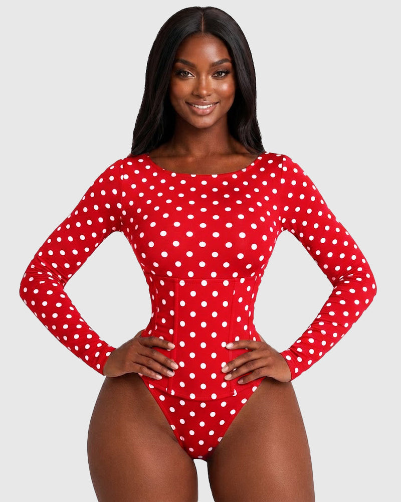 Polka Dot Scoop Neck Long Sleeve Bodysuit Detachable Corset Two Piece Set