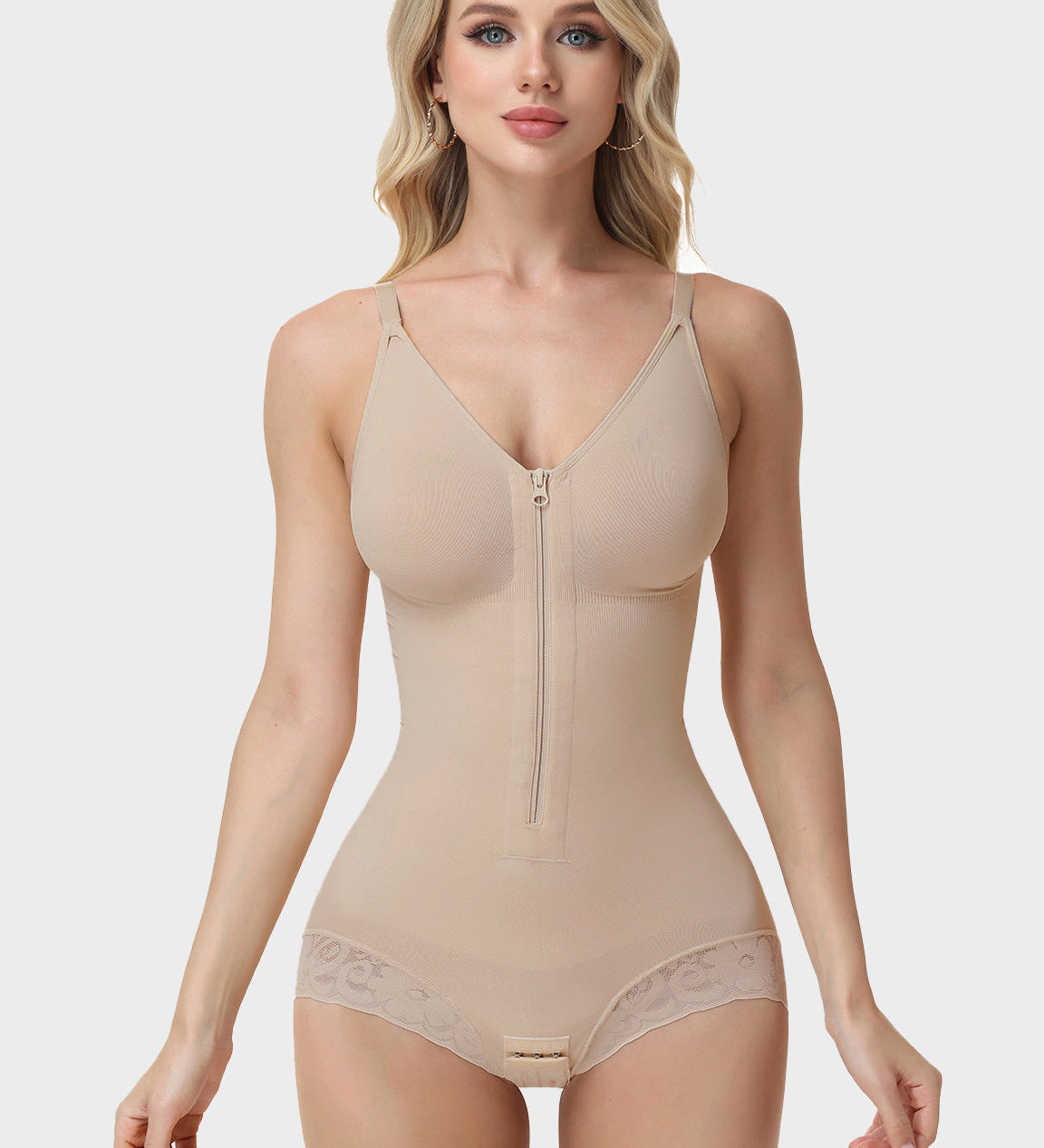V Neck Adjustable Strap Tummy Control Butt Lifting Zipper Shaper