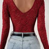 Floral Lace Sheer Long Sleeve Bodysuit V Neck Slim Fit Thong Body Shaper