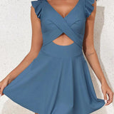 Ruffle Sleeve Cross Cutout Backless Skirted One Piece Swimsuit