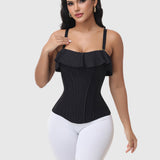 Black Shimmer Ruffle Trim Corset Top with Adjustable Straps