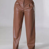 PU Leather Loose Wide-leg Pocket Casual Leather Pants
