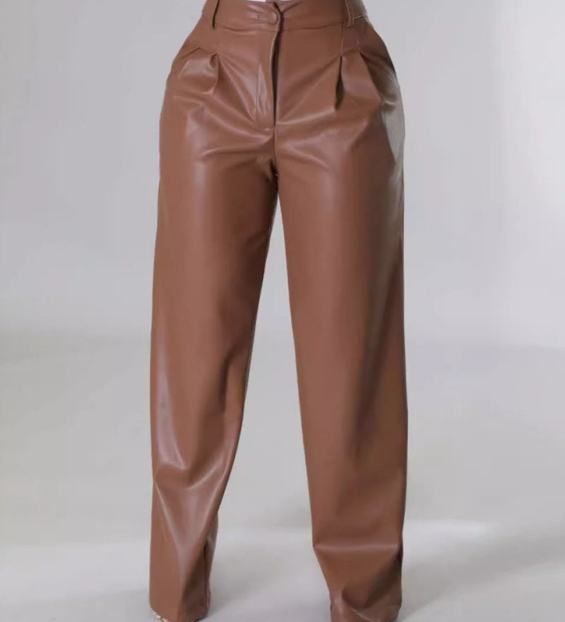 PU Leather Loose Wide-leg Pocket Casual Leather Pants