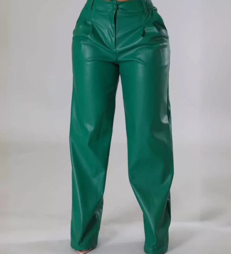 PU Leather Loose Wide-leg Pocket Casual Leather Pants