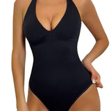 Halter 2 in 1 Seamless Thong Bodysuit Deep V-Neck Tummy Control Shapewear
