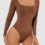 Women's Seamless Square Neck Long Sleeve Bodysuits Sculpting Thong Bottoming Shirt Body Shaper