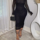 Black Sheer Lace High Neck Long Sleeve Midi Bodycon Dress