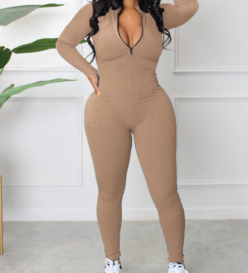Women's Sexy Ribbed Long Sleeve Zipper Jumpsuits Casual Solid Bodycon Rompers