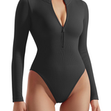 Zipper Front Long Sleeve Sexy Ribbed Triangle Bodysuit