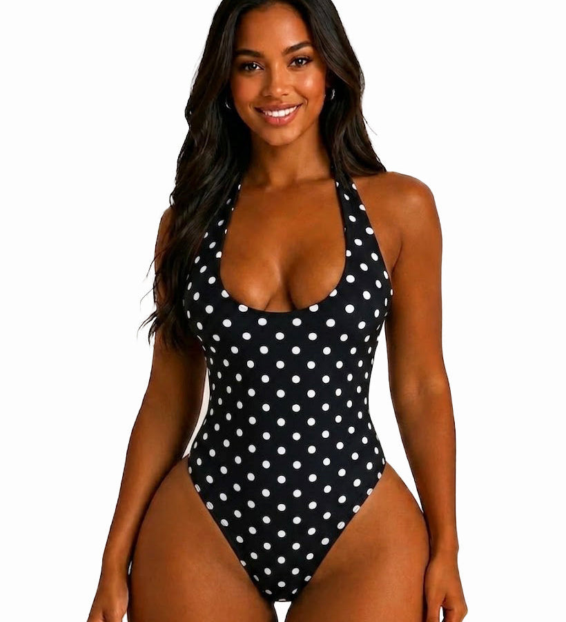 Polka Dot Halter Tie One Piece Swimsuit High Cut Hourglass Bodysuit