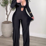Women's Long Sleeve Plunge Neck Cut out Flared Jumpsuit