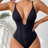Seamless Plunge Neck Tummy Control Thong Shapewear Bodysuit
