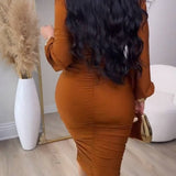 Deep V Neck Long Sleeves Ruched Bodycon Midi Dress
