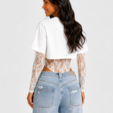 Short Sleeve Crop Top Lace Bodysuit Two Piece Outfit