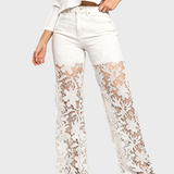 High Waist Floral Lace Hollow Out Spliced Flare Jeans