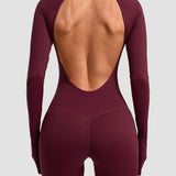 Round Neck Long Sleeve Open Back Tight Fit Workout Romper
