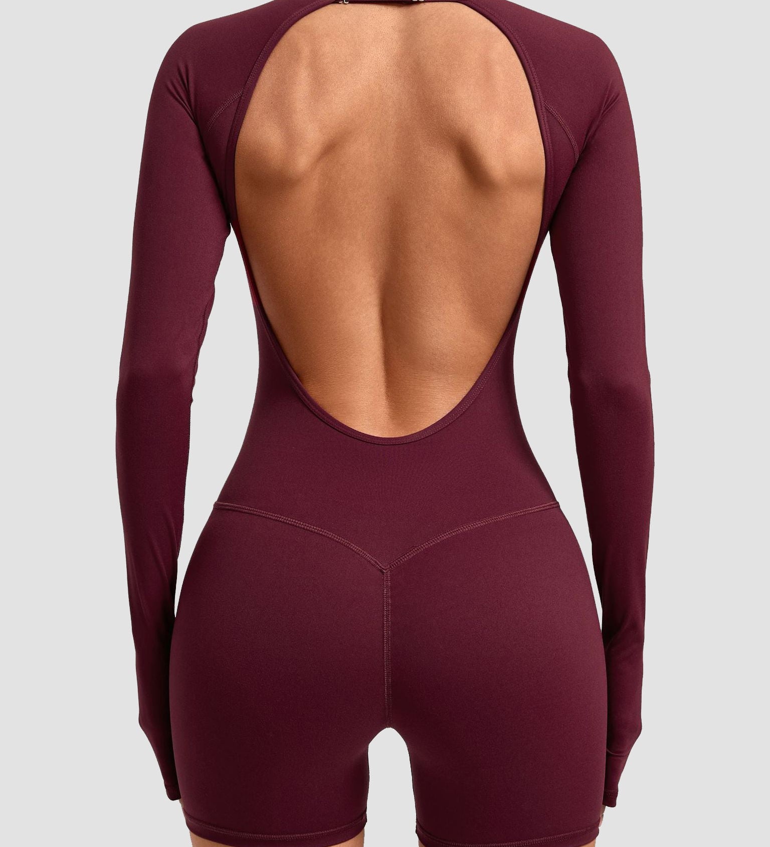 Round Neck Long Sleeve Open Back Tight Fit Workout Romper