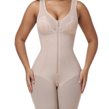 V Neck Lace Mesh Panel  Mid Thigh Tummy Control Bodysuit Zipper Shapewear