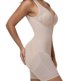 V Neck Lace Mesh Panel  Mid Thigh Tummy Control Bodysuit Zipper Shapewear