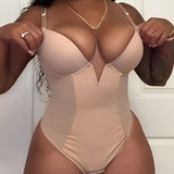 Sexy Plunge Neck Backless Mesh Panel Shapewear Thong Bodysuit