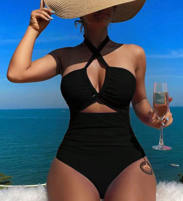 Cross Halter Ruched Front Cutout Backless One Piece Swimsuit