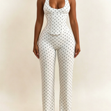Polk Dot Halter-Neck Backless Detachable Corset Wide-leg Jumpsuit Two-Piece Set