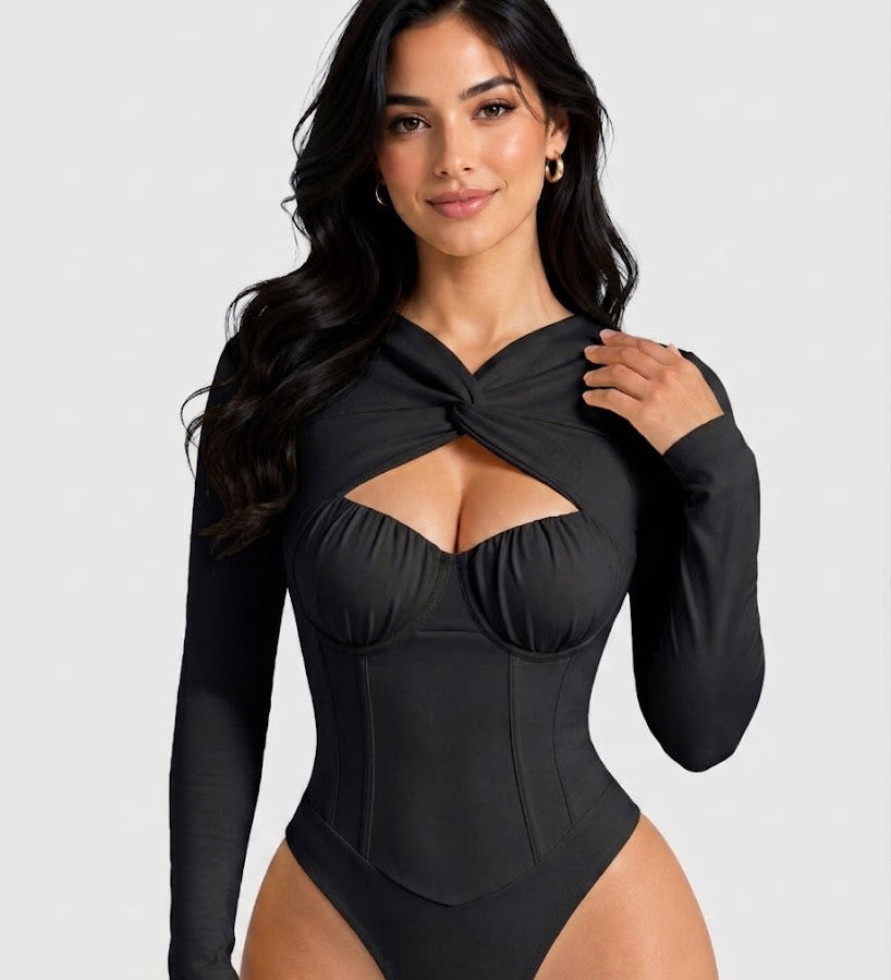 Sexy Twist Cutout Bustier Long Sleeve High Cut Bodysuit