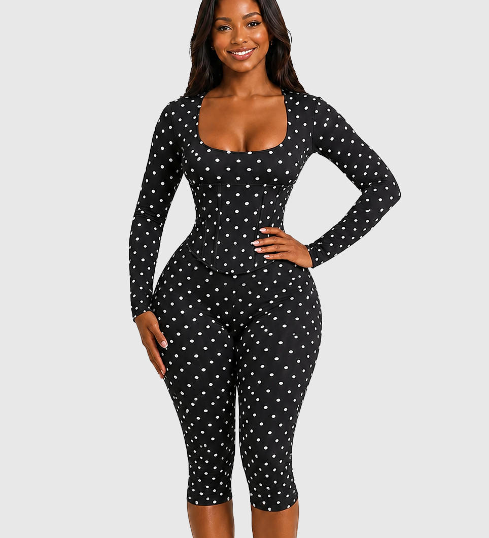 Polka Dot Capri Long Sleeve Jumpsuit with Detachable Corset Waist Trainer Two Piece Set