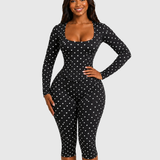 Polka Dot Capri Long Sleeve Jumpsuit with Detachable Corset Waist Trainer Two Piece Set