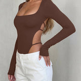 Square Neck Long Sleeve Backless Thong Slim Fit Bodysuit