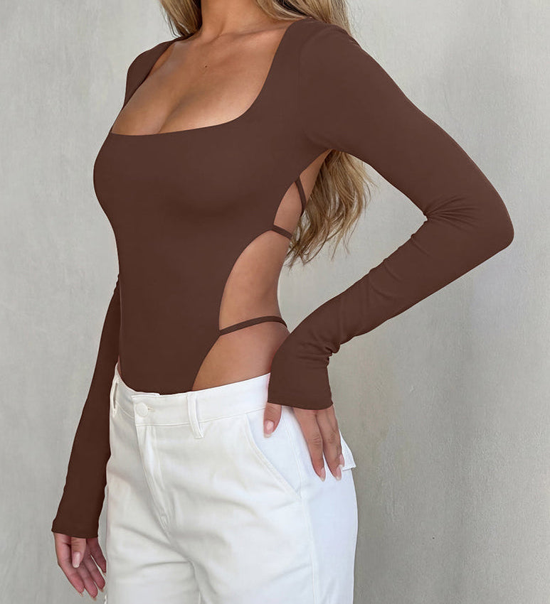 Square Neck Long Sleeve Backless Thong Slim Fit Bodysuit