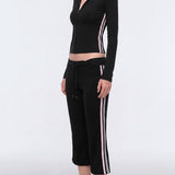 Two Piece Activewear Set Stripe Zip Up Hooded Crop Top with Capri Flare Pants