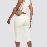 Two Piece Denim Set Zip Front Lace Up Sleeveless Top Capri Pants