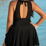 Large Size Halter Neck Mesh Panel Tummy Control Swimsuit with Side Bow
