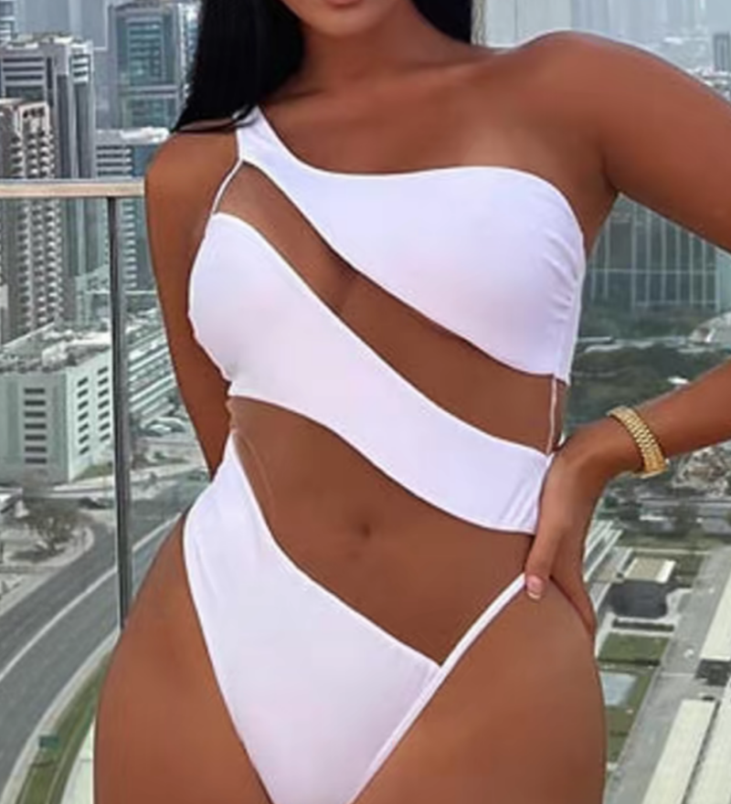 Sexy Off Shoulder Transparent Mesh Panel One Piece Swimsuit