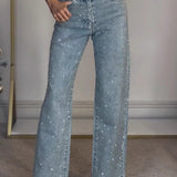 Women's Fashion Rhinestone Embellished Straight Leg Denim Jeans