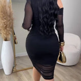 Elegant Slant Collar Long Sleeve Mesh Bodycon Midi Dress