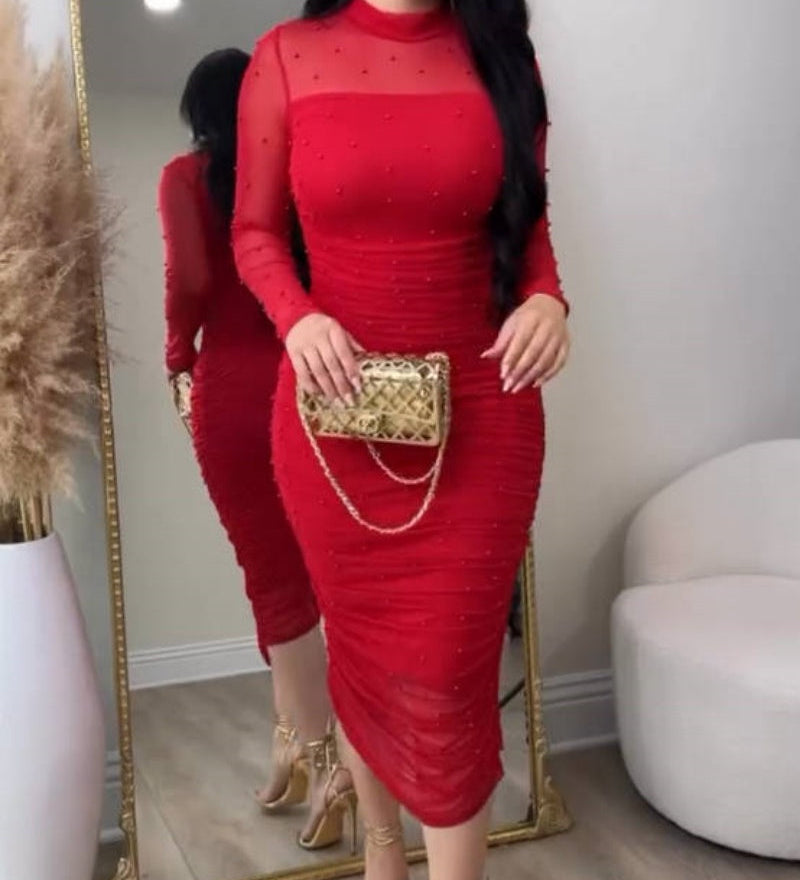 Elegant Mesh Paneled Ruched Bodycon Midi Dress with Mock Neck