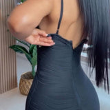Women's Sexy Spaghetti Strap Corset Ruched Bodycon Midi Dress