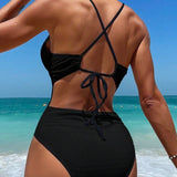 Sexy Backless Deep V Tummy Control Swimsuit Back Lace Up
